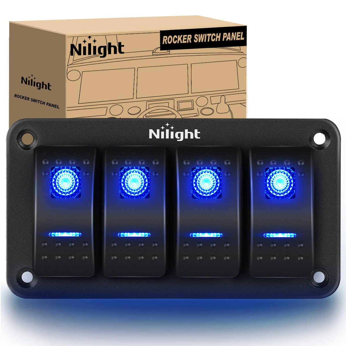Nilight 90109D four-gang panel front view shows compact dashboard fit