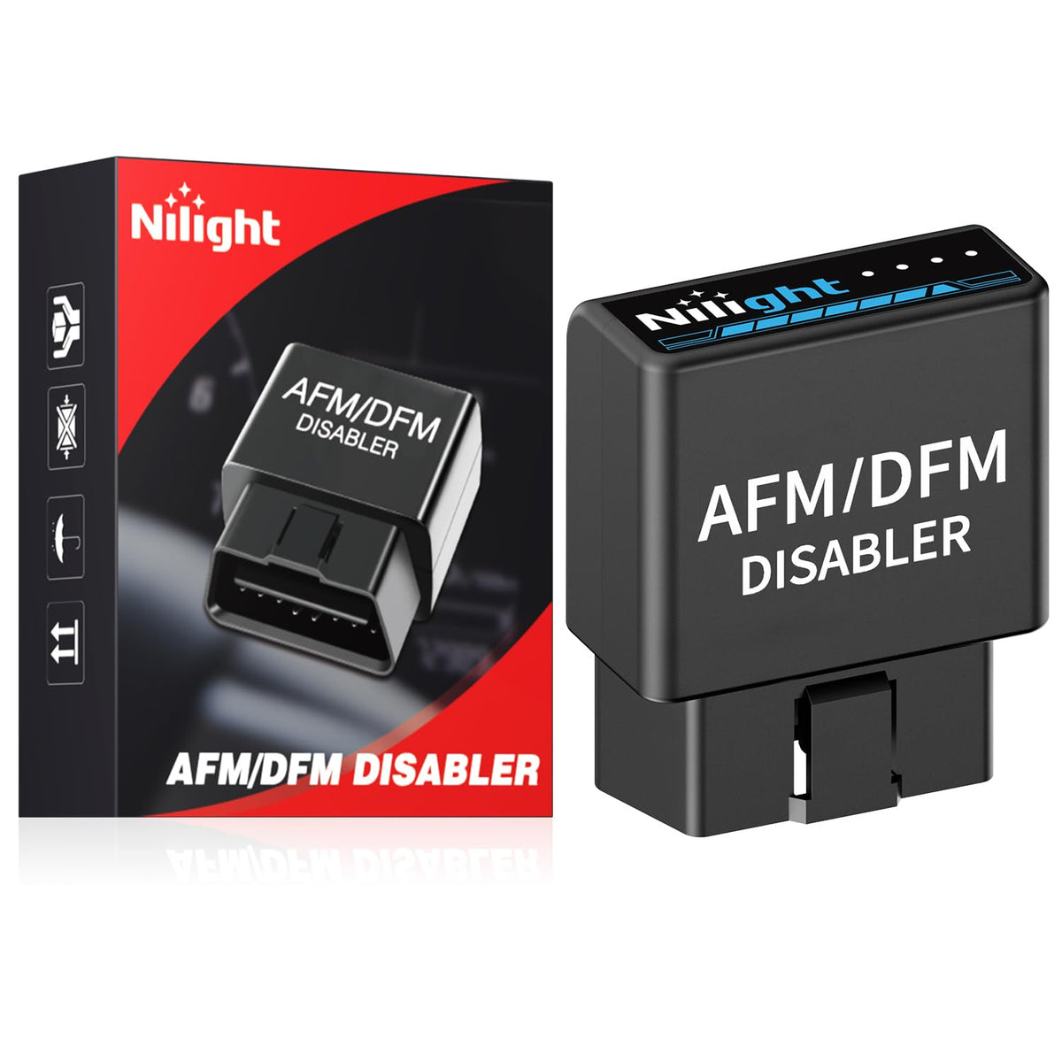 Nilight AFM Disabler connected to the OBD-II port showing full-cylinder operation potential.