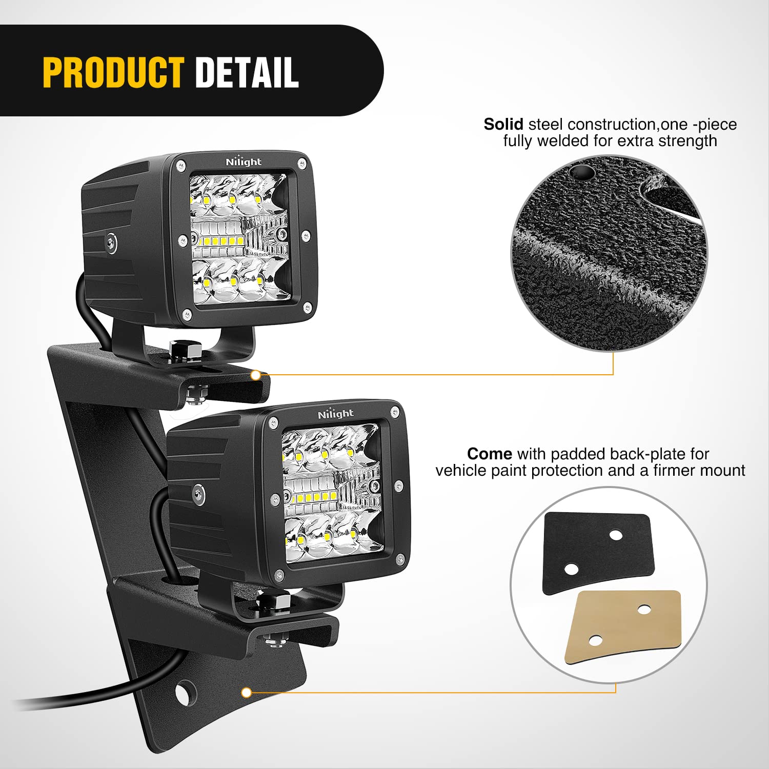 Nilight A-pillar light mounting brackets on Wrangler JK ready for bottom-mounted lights
