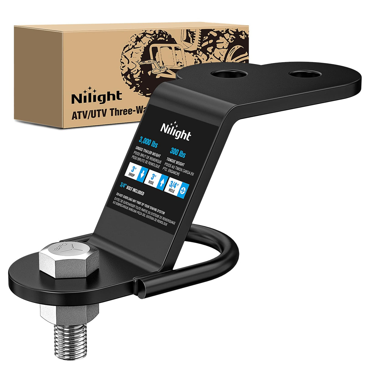 Nilight ATV/UTV three-way hitch assembly ready for towing up to 3,500 lbs.