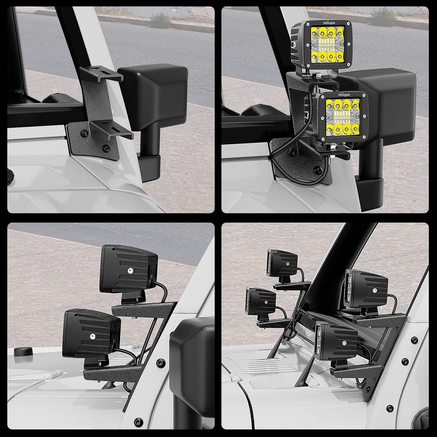Backplate protection pad on Nilight A-pillar brackets guarding Jeep paint