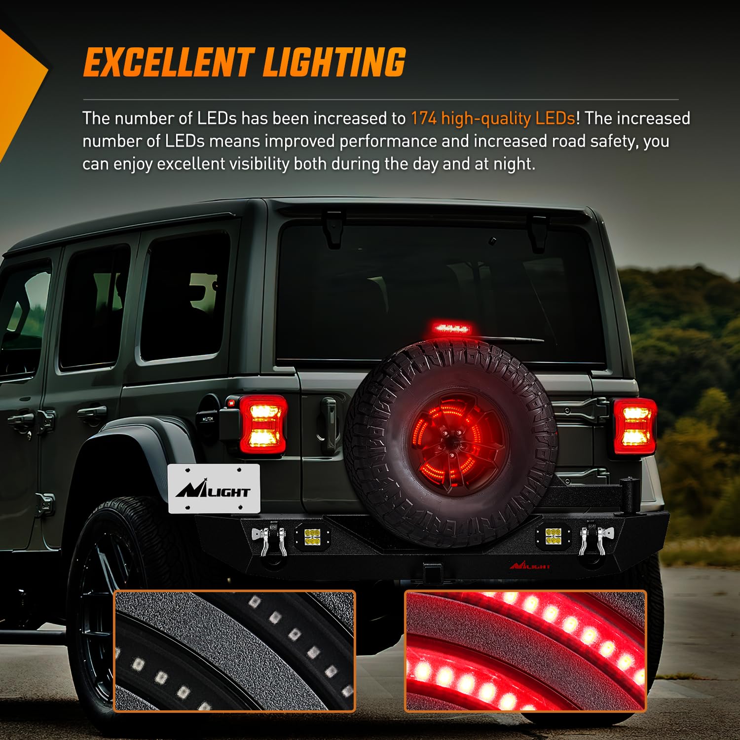 The spare tire light synchronizes with the rear brake light for clear signaling.