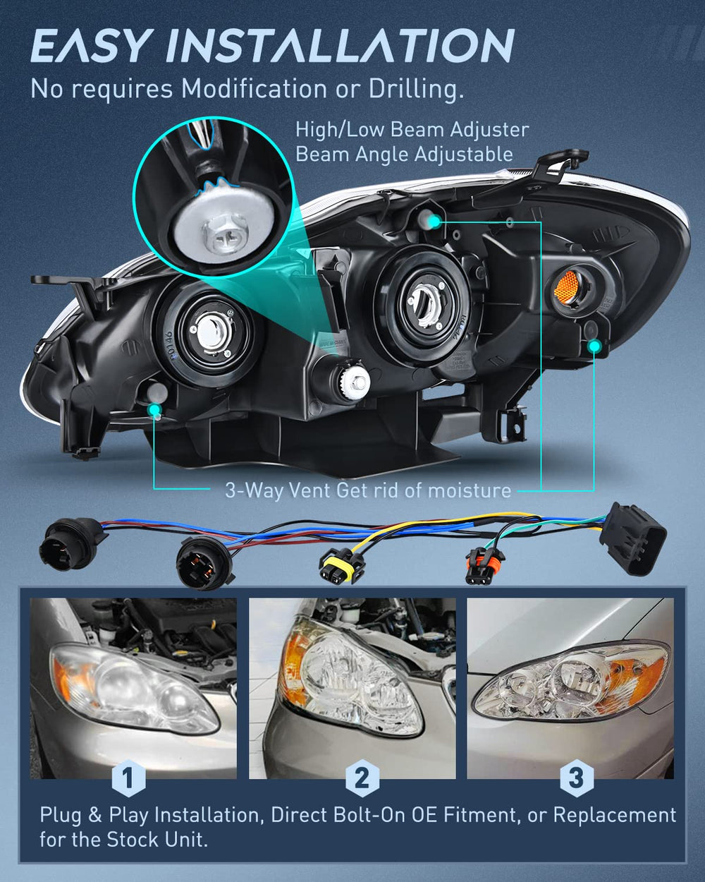 Nilight Corolla headlight pack includes both sides for easy replacement.