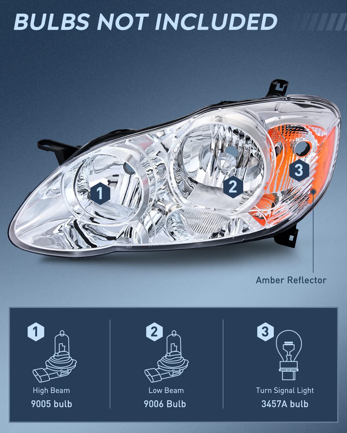 Nilight Corolla headlight, passenger side chrome housing with amber reflector for safer oncoming traffic.