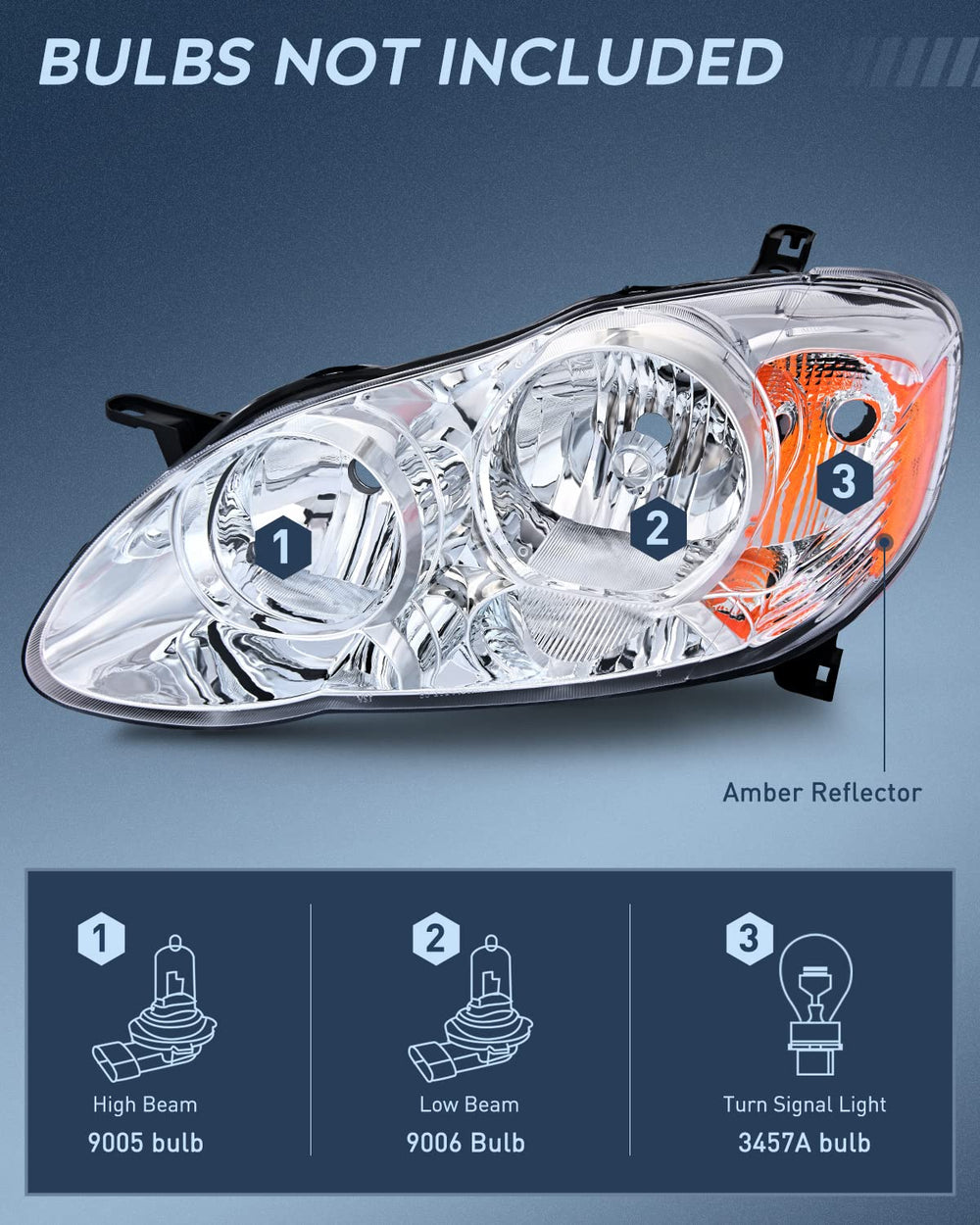 Nilight Corolla headlight, passenger side chrome housing with amber reflector for safer oncoming traffic.