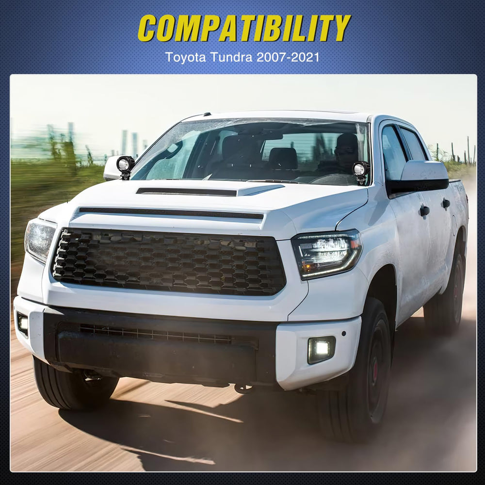 Nilight LED pods mounted on Toyota Tundra using the brackets for trail-ready lighting.