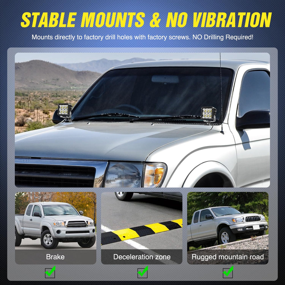 Nilight ditch light brackets mounted with LED lights on Tacoma hood