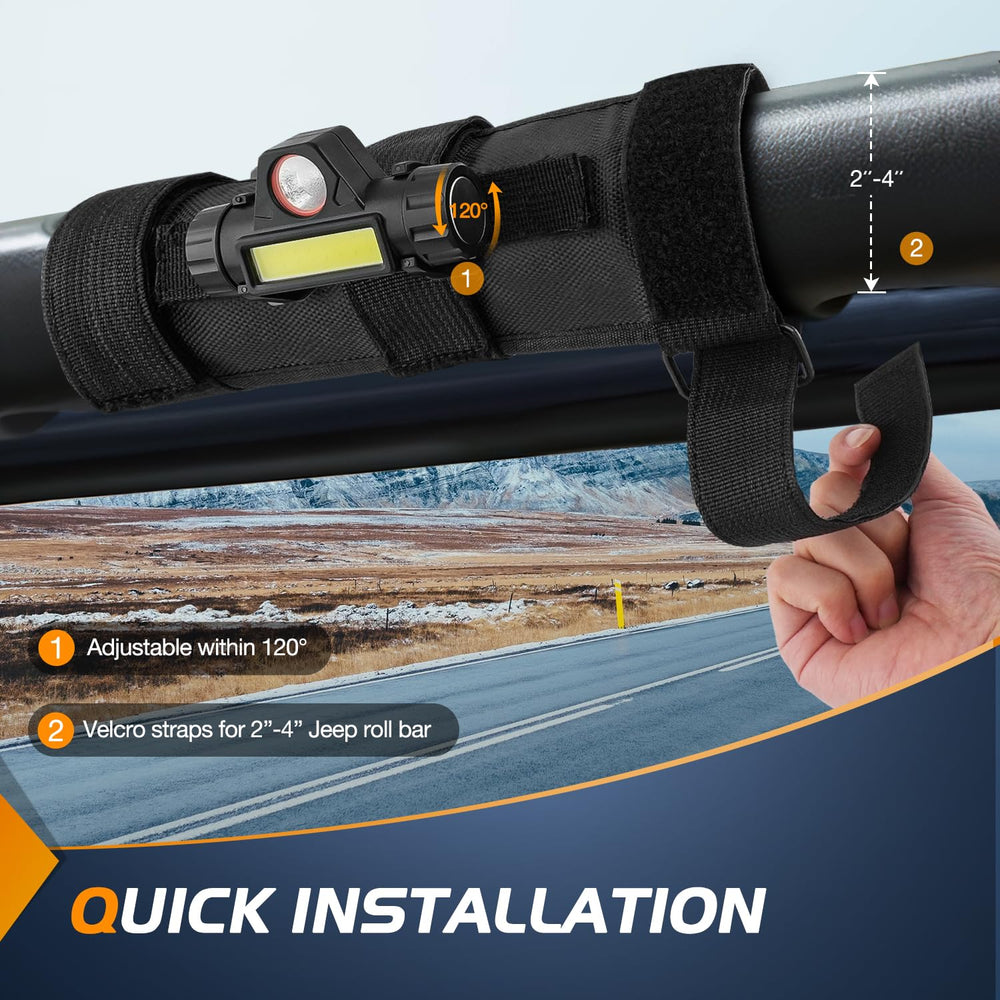 Nilight dome light on roll bar using Velcro mount with 90-degree adjustability