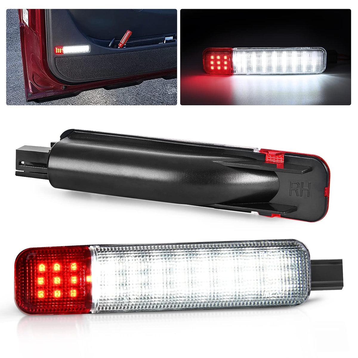 Nilight interior door panel light installed on a vehicle glows white and red for enhanced night visibility.