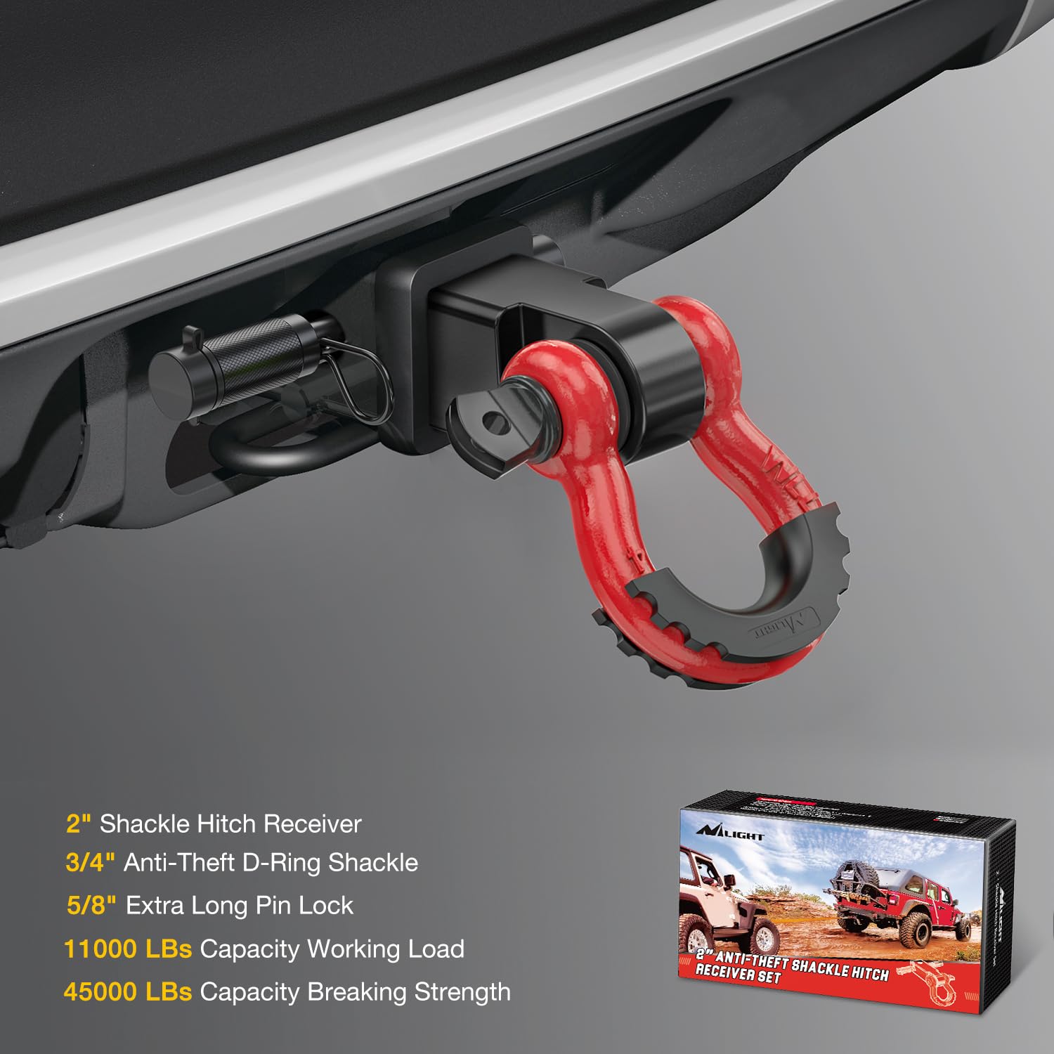 Nilight dual hitch pin holes allow horizontal or vertical D-ring mounting.