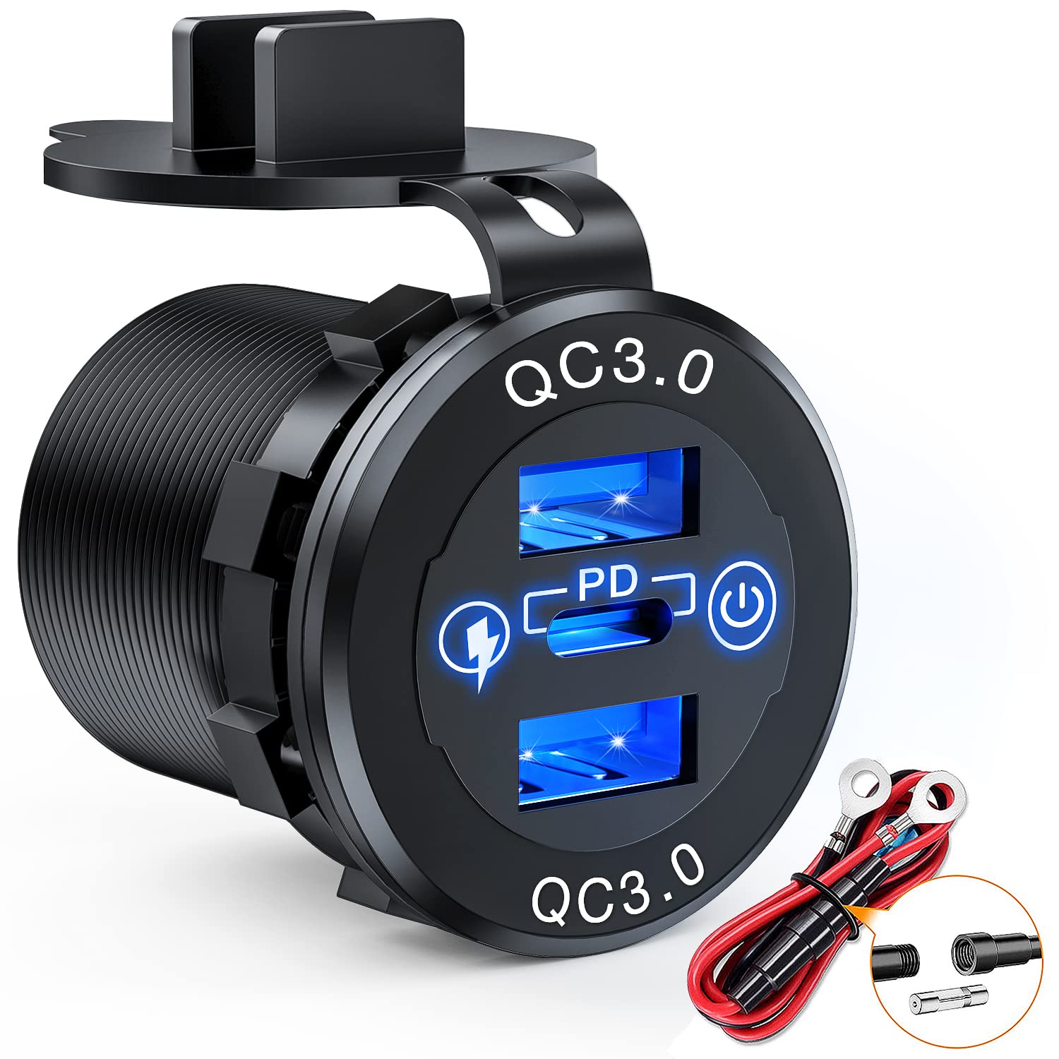 Nilight dual USB socket front view with three ports for on-the-go power