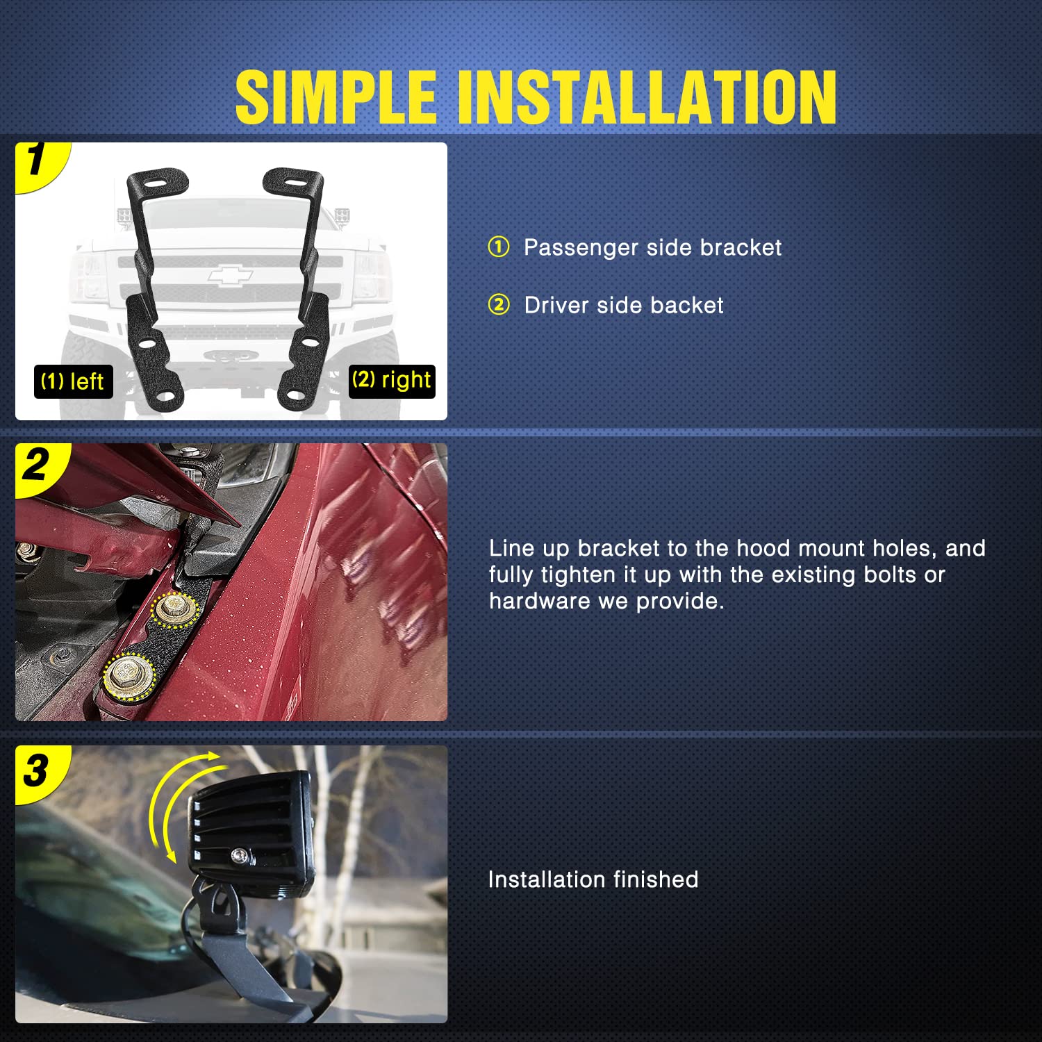 Nilight easy installation steps for ditch light brackets on GM trucks.