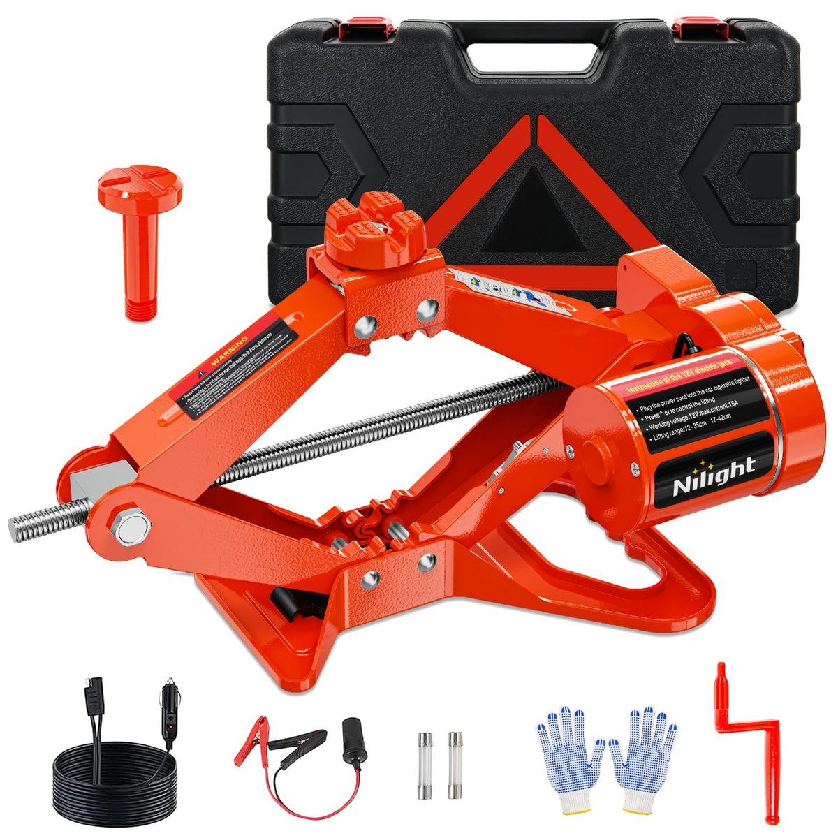 Nilight electric car jack front-angle view showing 3-ton lifting power for quick tire changes