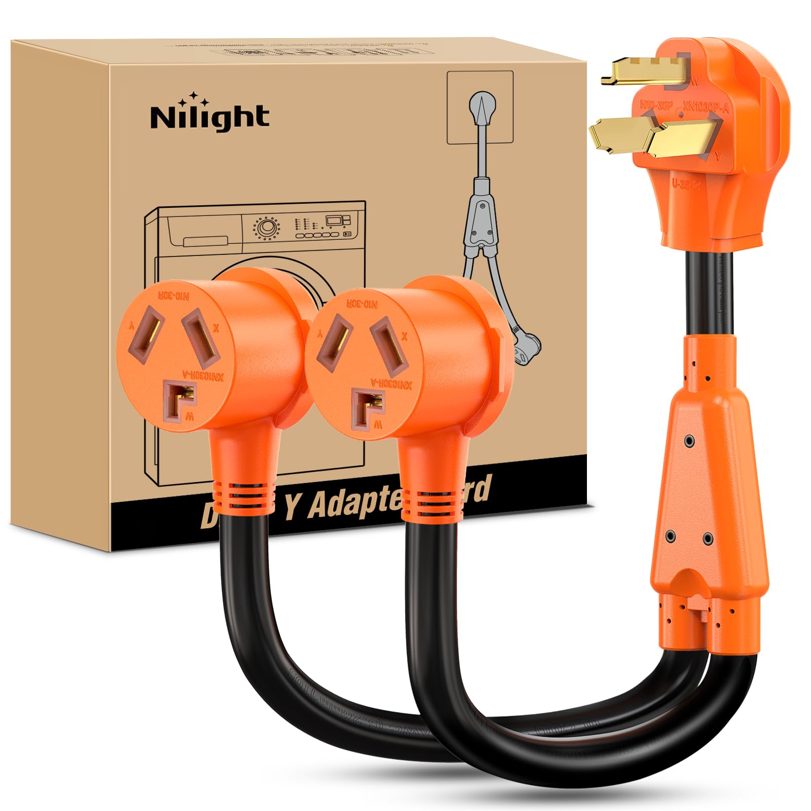Nilight EV Dryer Y Splitter shows dual 30A outlets for convenient home charging