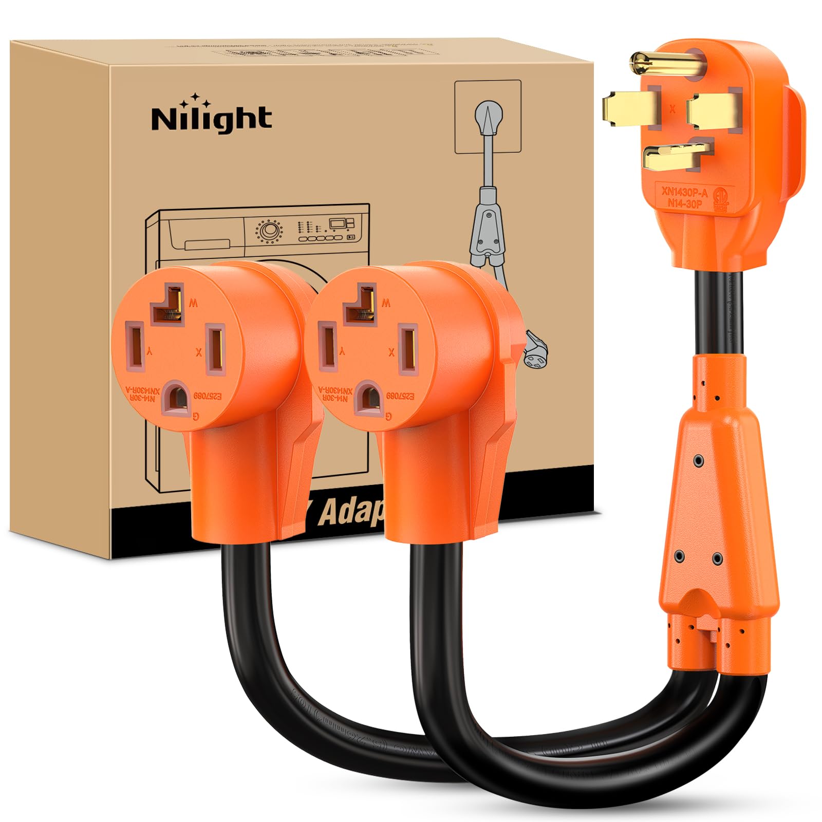 Nilight EV dryer Y-splitter cord showing dual 30A outlets for home charging
