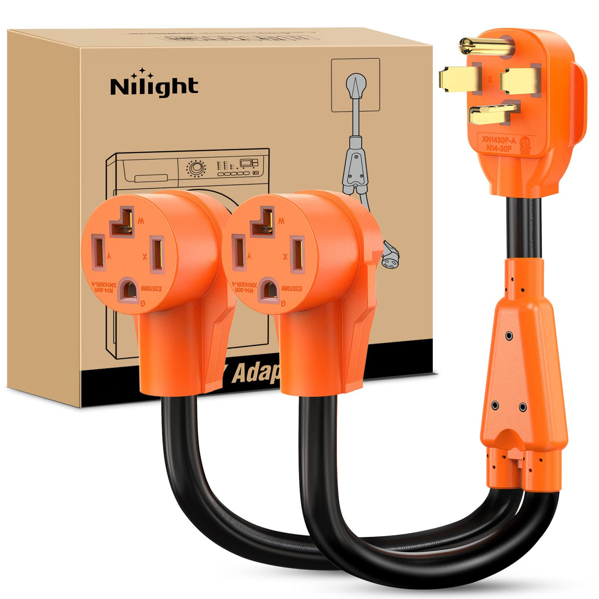 Nilight EV dryer Y-splitter cord showing dual 30A outlets for home charging