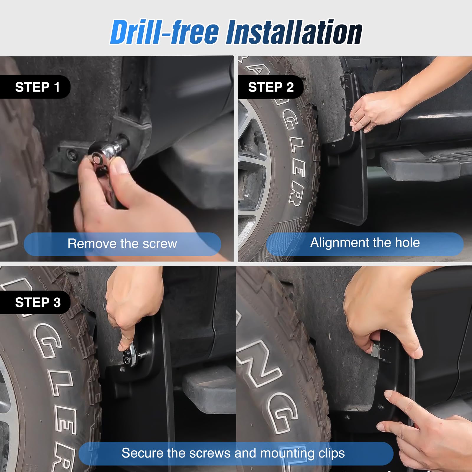 Nilight mud flap installation step close-up illustrates no-drill mounting using factory holes.