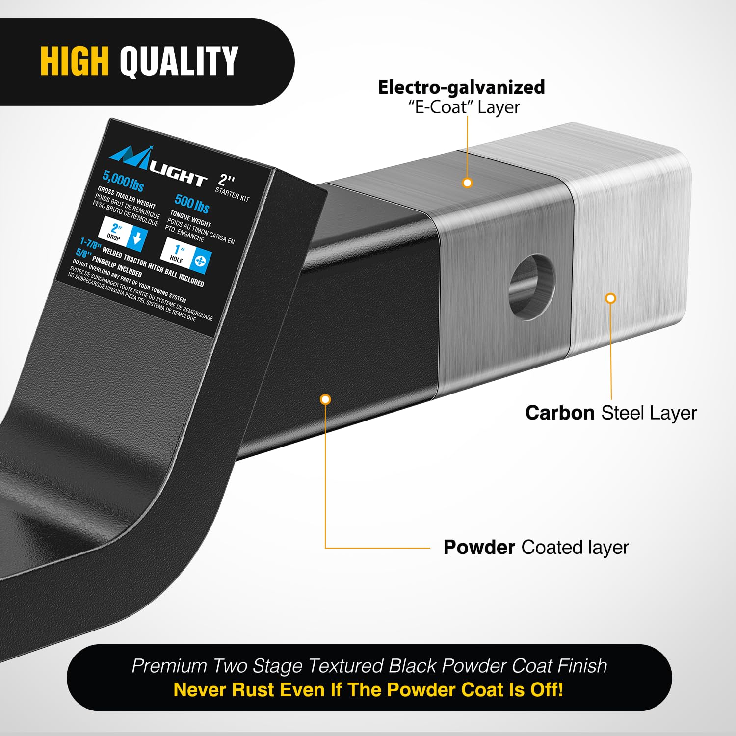 Nilight Fusion 2-inch receiver shank fits common trailers.