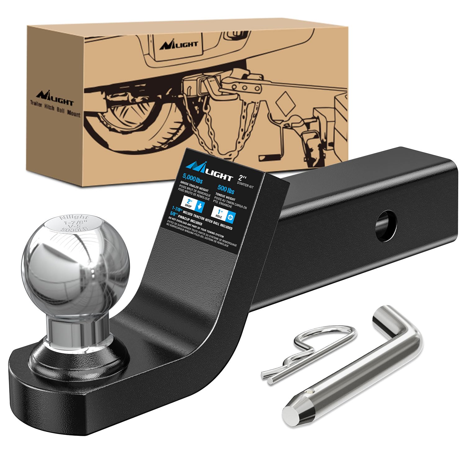 Nilight Fusion hitch mount front view, rugged build for reliable towing.