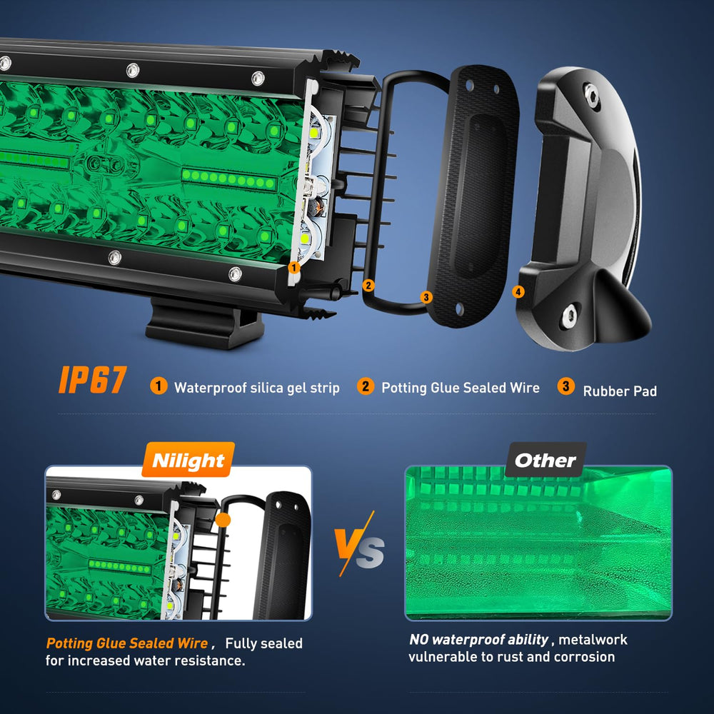 Nilight green LED light bar IP67 shell protects against dust and water