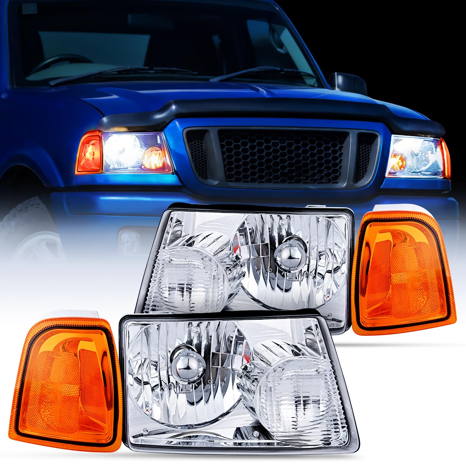 Nilight headlight assembly for 2001-2011 Ranger, driver side chrome housing, enhances night visibility