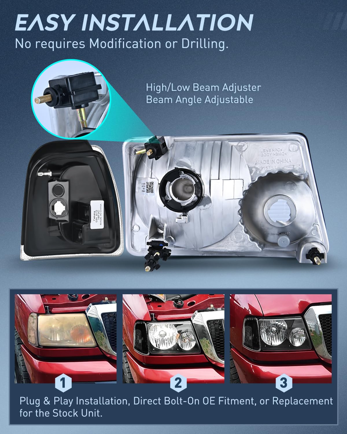 Nilight headlight close-up illustrates precise OE-fit bolt-on installation.