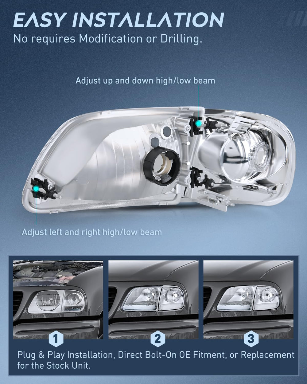 Nilight headlight assembly passenger-side profile with OE-like appearance.