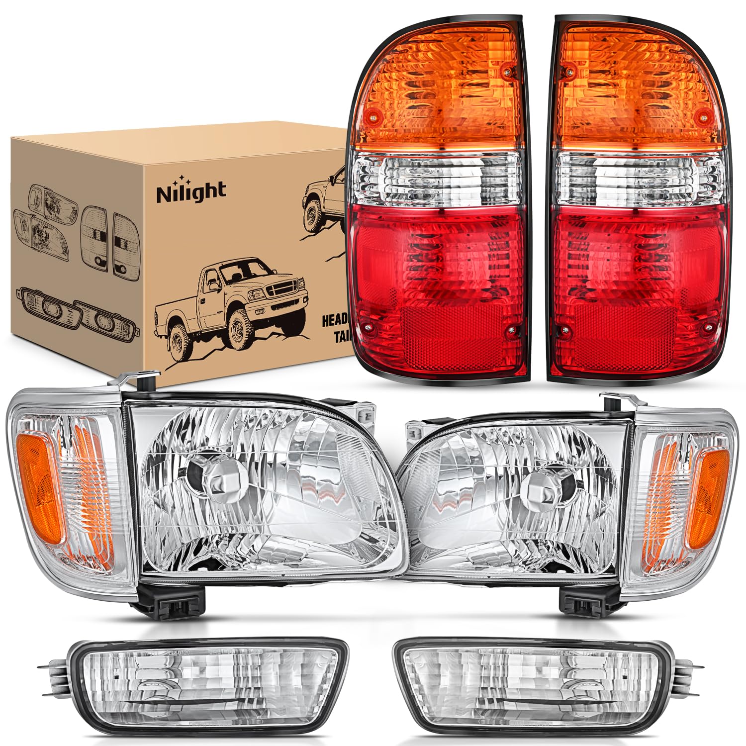 Nilight headlight front view for Tacoma with chrome housing, enhancing nighttime visibility