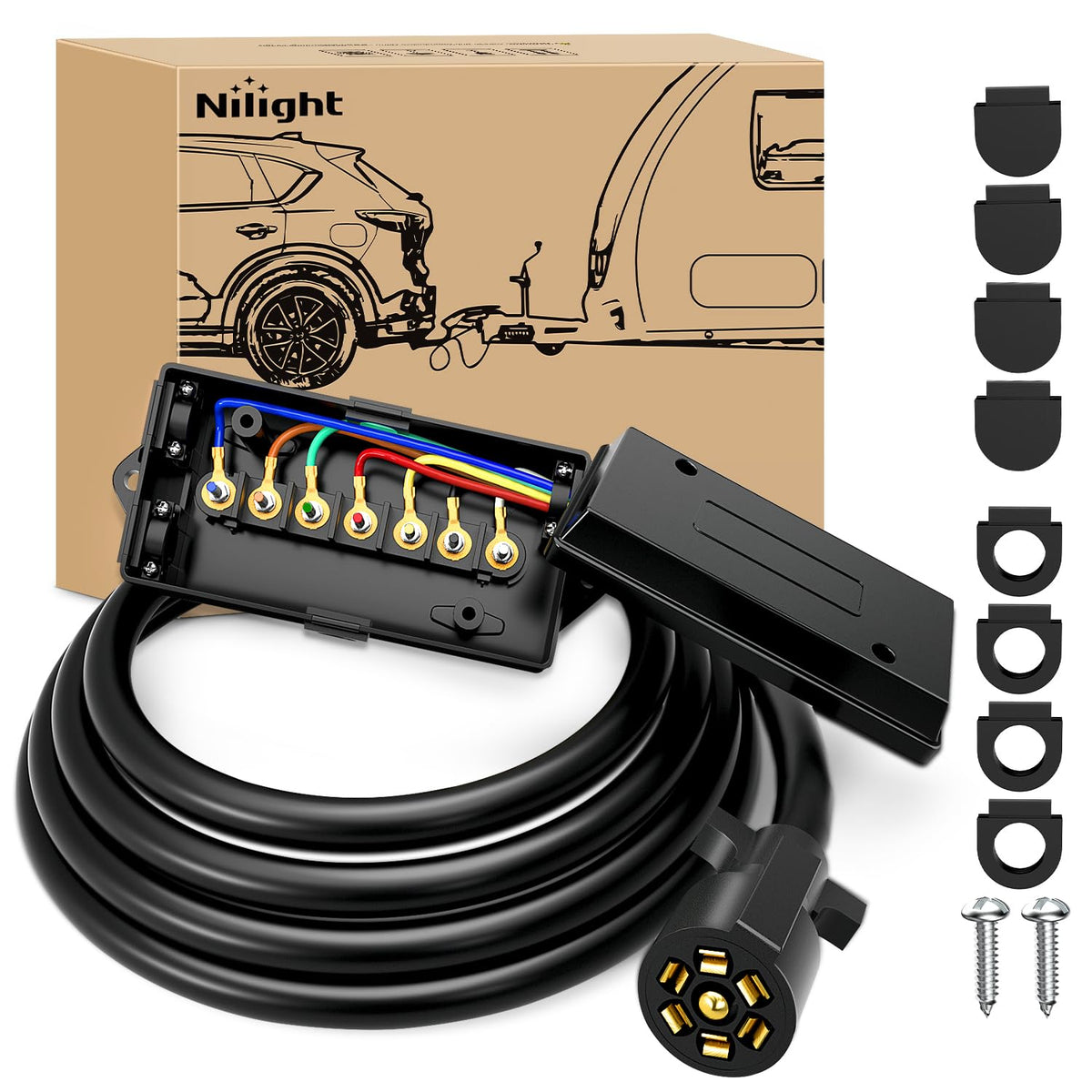 Nilight heavy-duty 7-way inline plug with 8 ft cord for reliable trailer connections