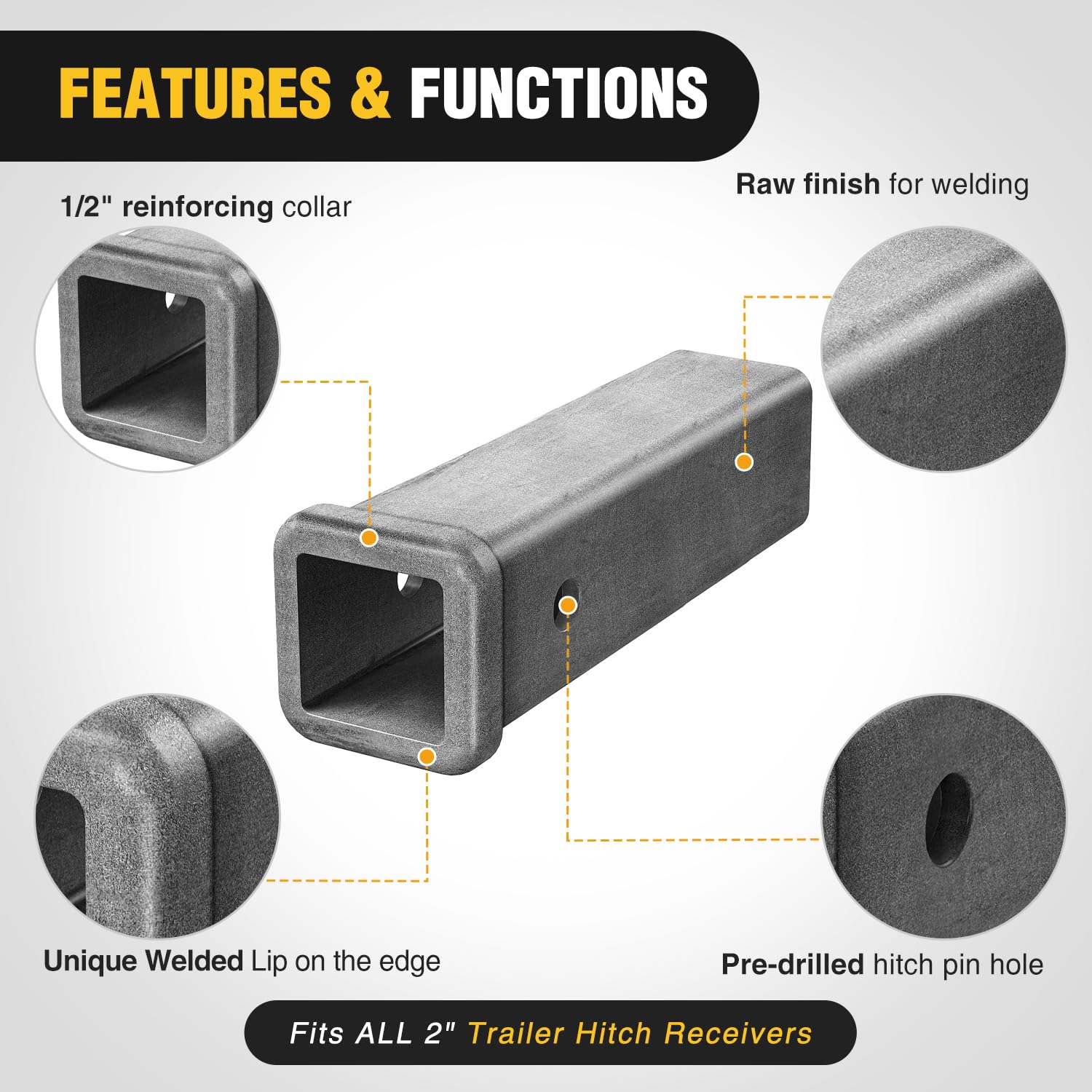 Nilight hitch adapter 2x2 receiver opening demonstrates standard fit.