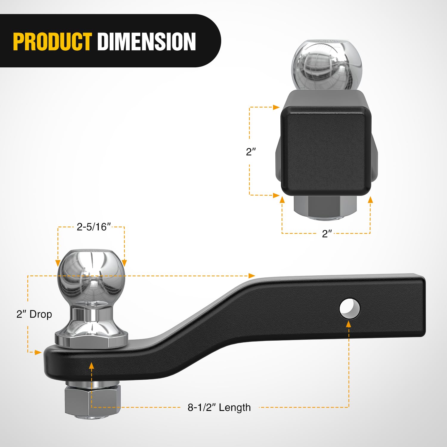 Nilight hitch ball with 2-5/16in diameter for stable towing.