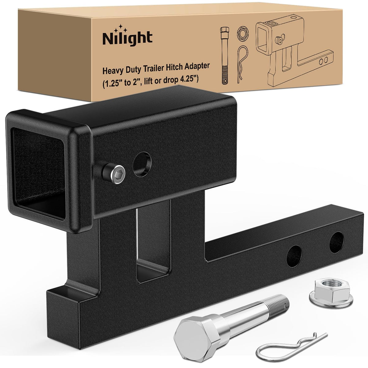Nilight hitch extender 1-1/4 to 2 inch adapter expands trailer options.