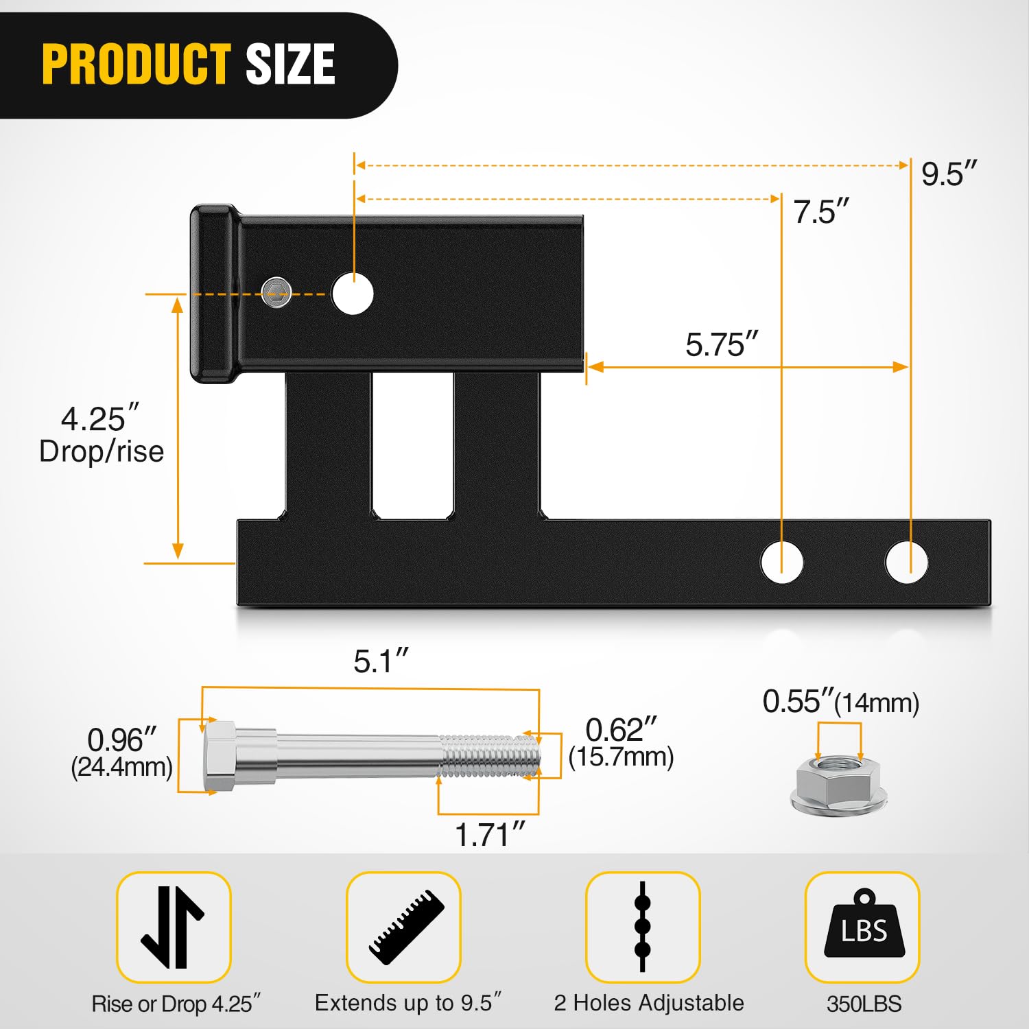 Nilight adjustable length 7.5 and 9.5 inches for bumper clearance.