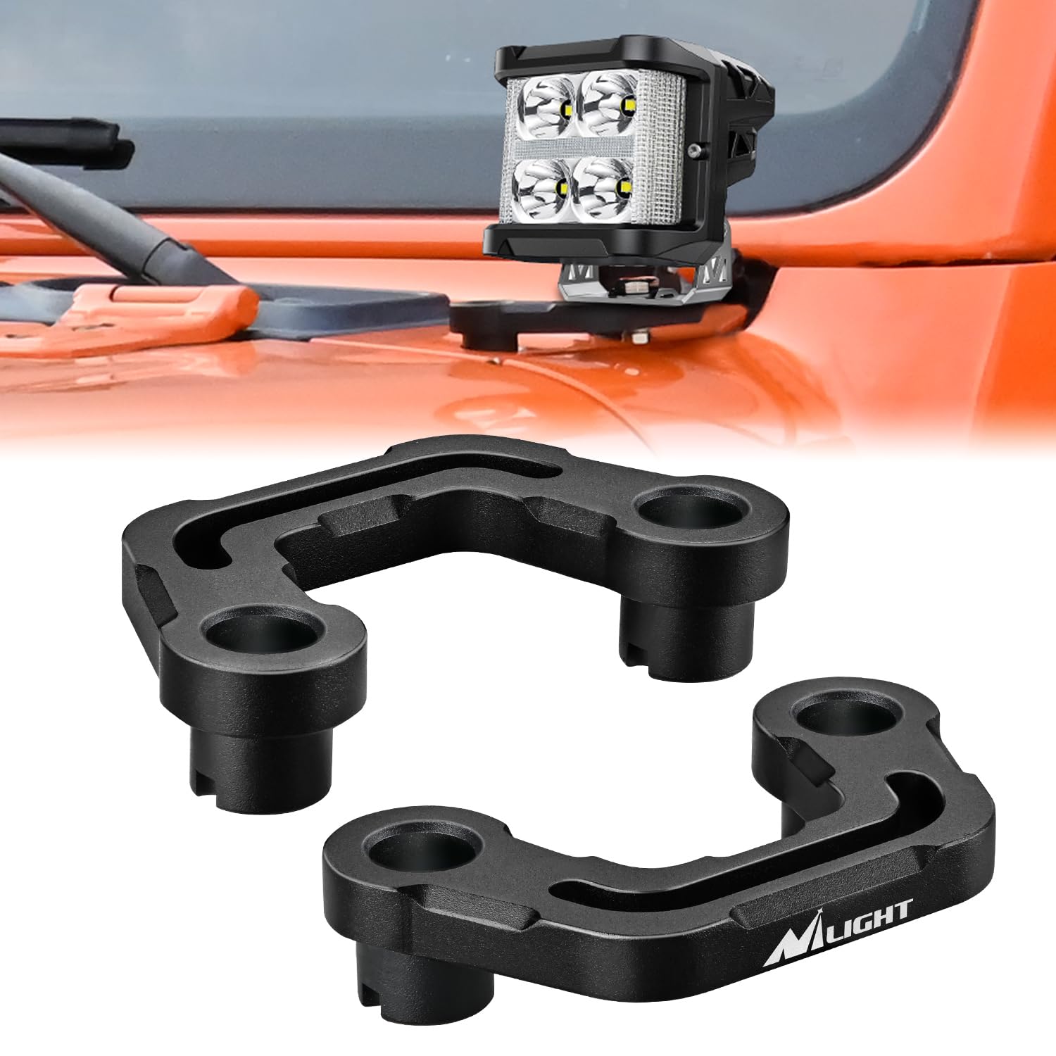 Nilight hood-cowl-mount-bracket secures a pod light on a Jeep Wrangler.