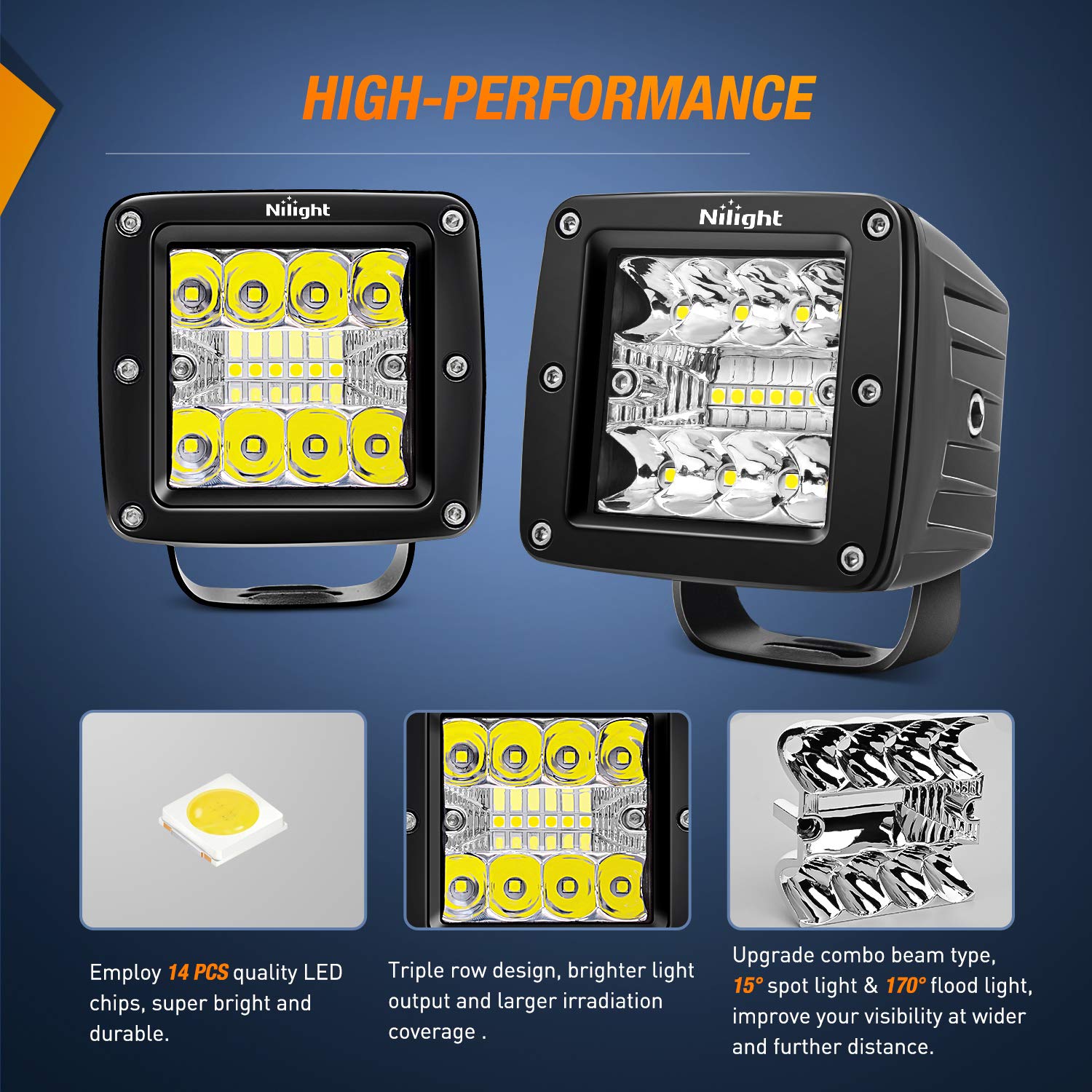 Nilight LED cubes 3inch beam pattern demonstrates spot and flood coverage.