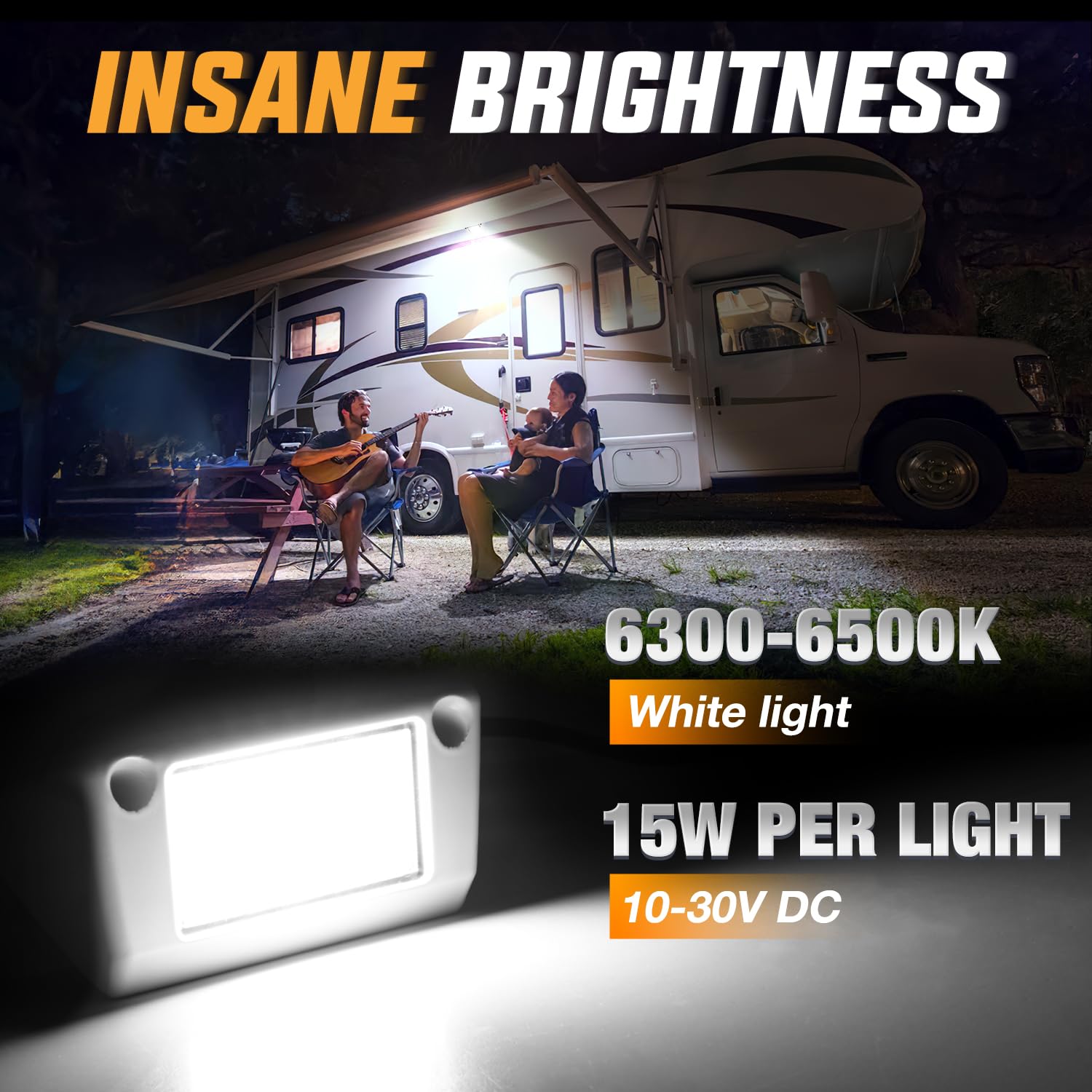 Nilight LED flood beam exterior shows wide coverage for cargo areas on an RV.