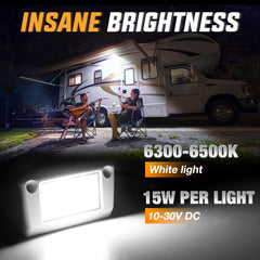Nilight LED flood beam exterior shows wide coverage for cargo areas on an RV.