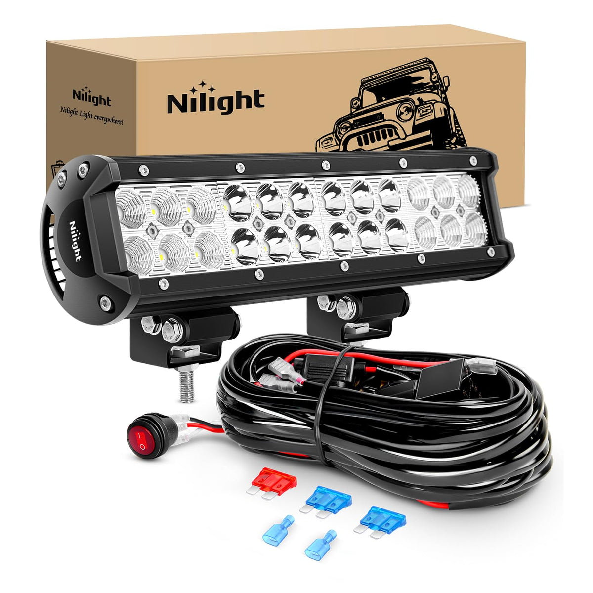 Nilight 12-inch LED light bar front view for versatile truck mounting.