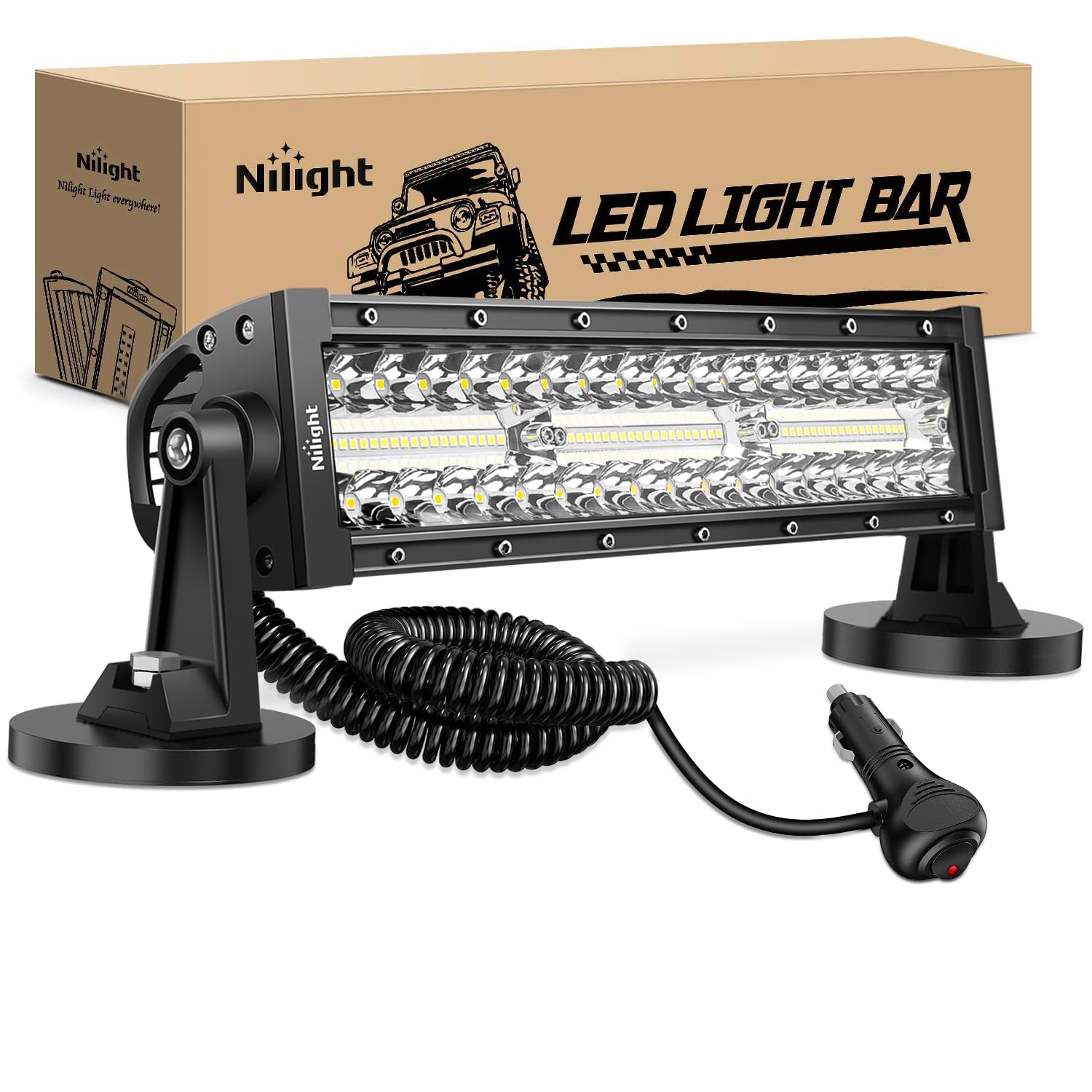 Nilight 13.5 inch LED light bar mounted with magnetic base for versatile positioning.