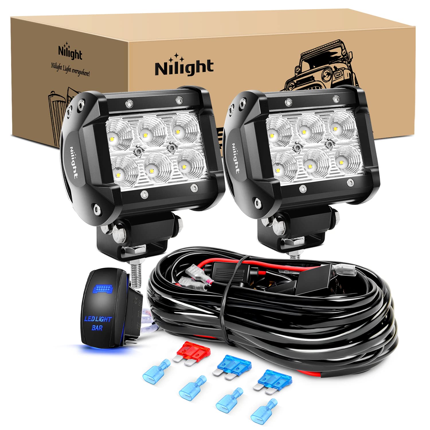 Nilight LED light bar 18W flood front view for clear off-road visibility