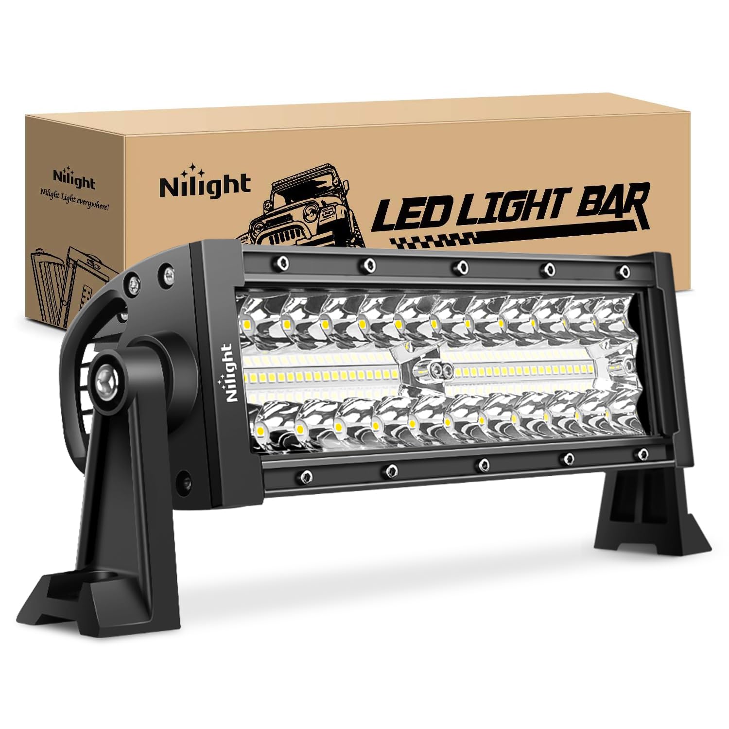 Nilight 9.5 inch triple row LED light bar front view improves off road visibility.