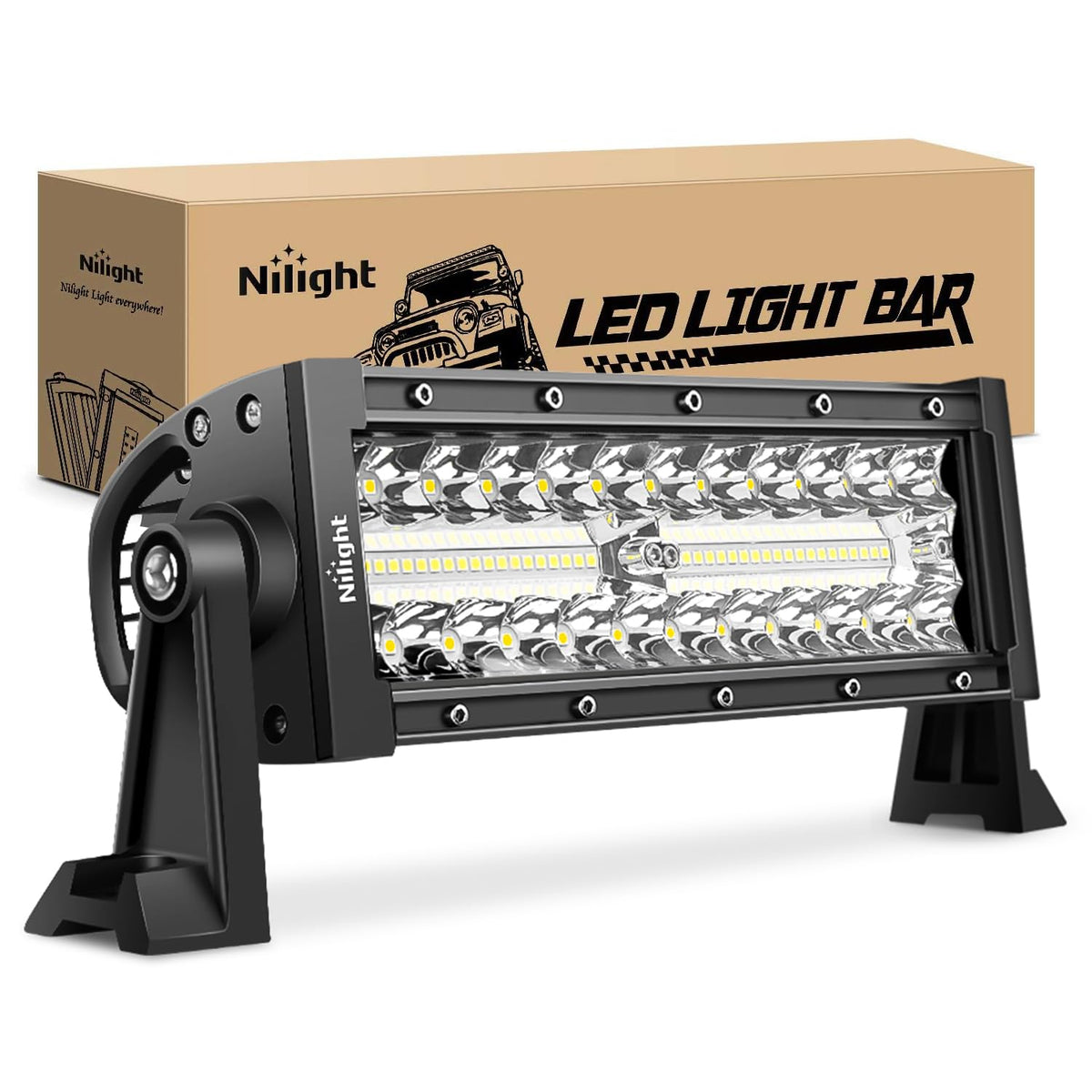 Nilight 9.5 inch triple row LED light bar front view improves off road visibility.