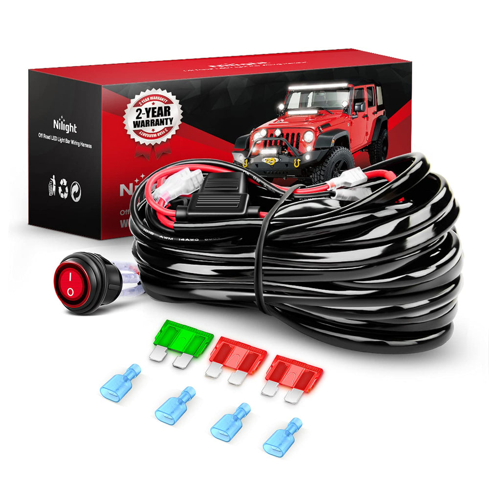 Nilight LED light bar wiring harness with two leads for stable dual lighting.