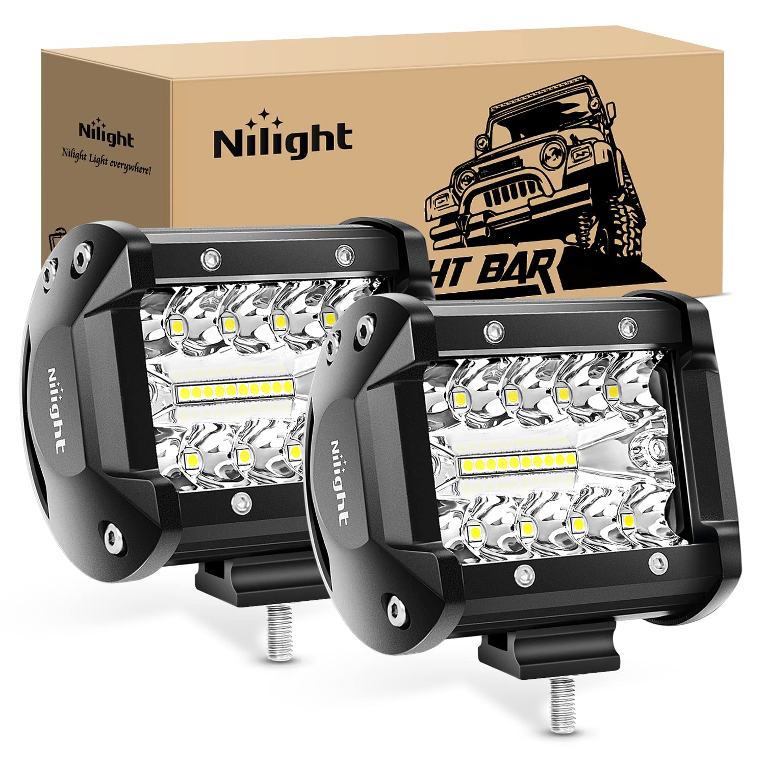 Nilight LED Light Pods 4-inch front view improve night visibility with strong 60W beam