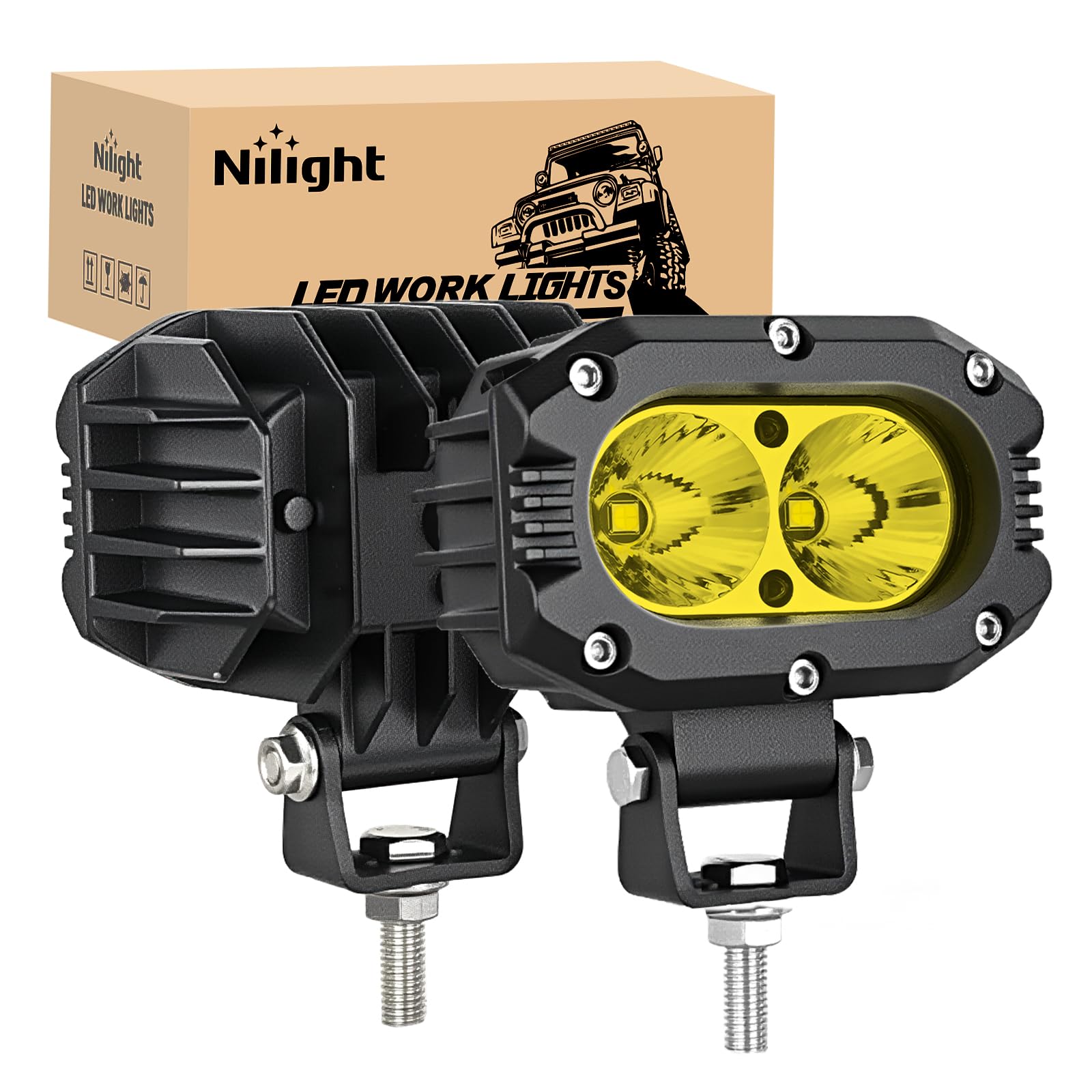Nilight LED Pod Light 24W front view with yellow flood beam for off-road visibility