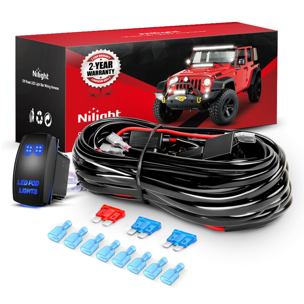 Nilight LED pod lights wiring harness showing four-light 12V setup