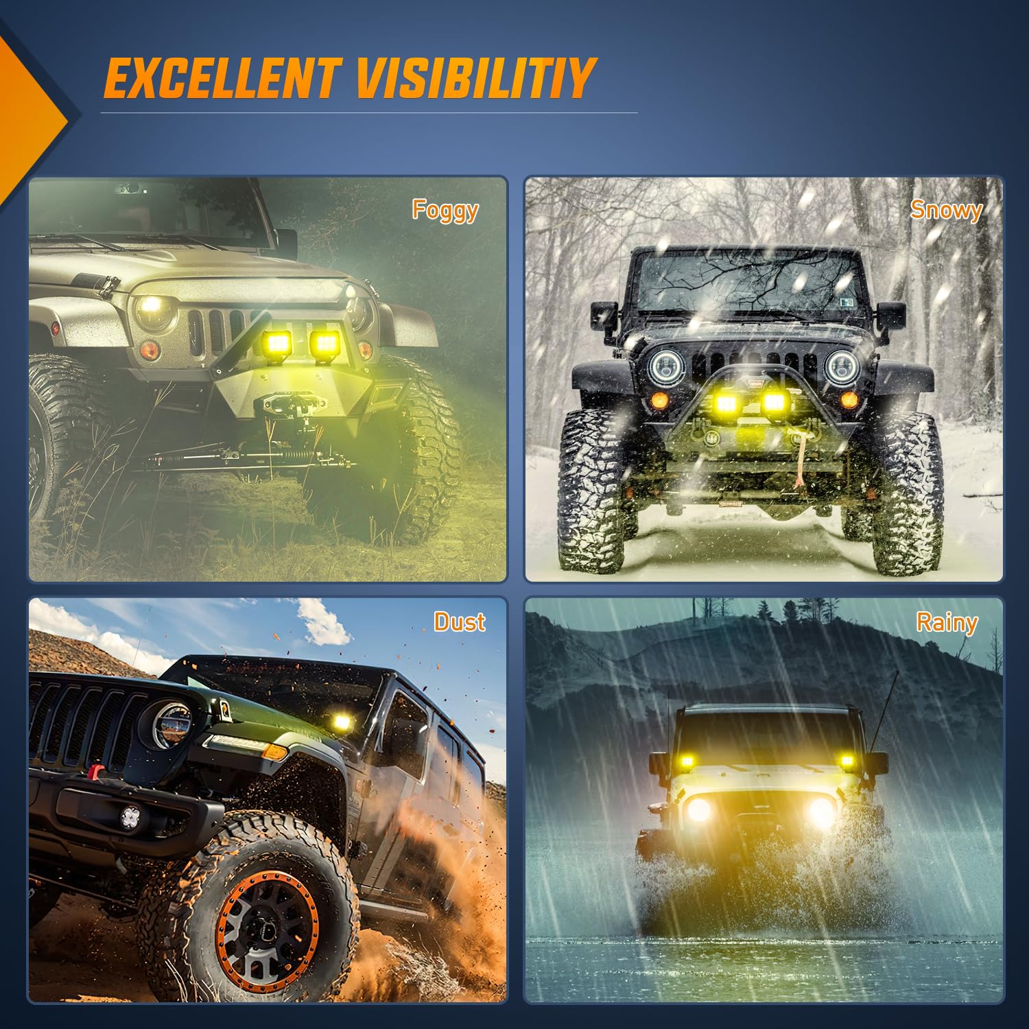 Nilight yellow light pods serve as driving or fog lights in diverse weather.