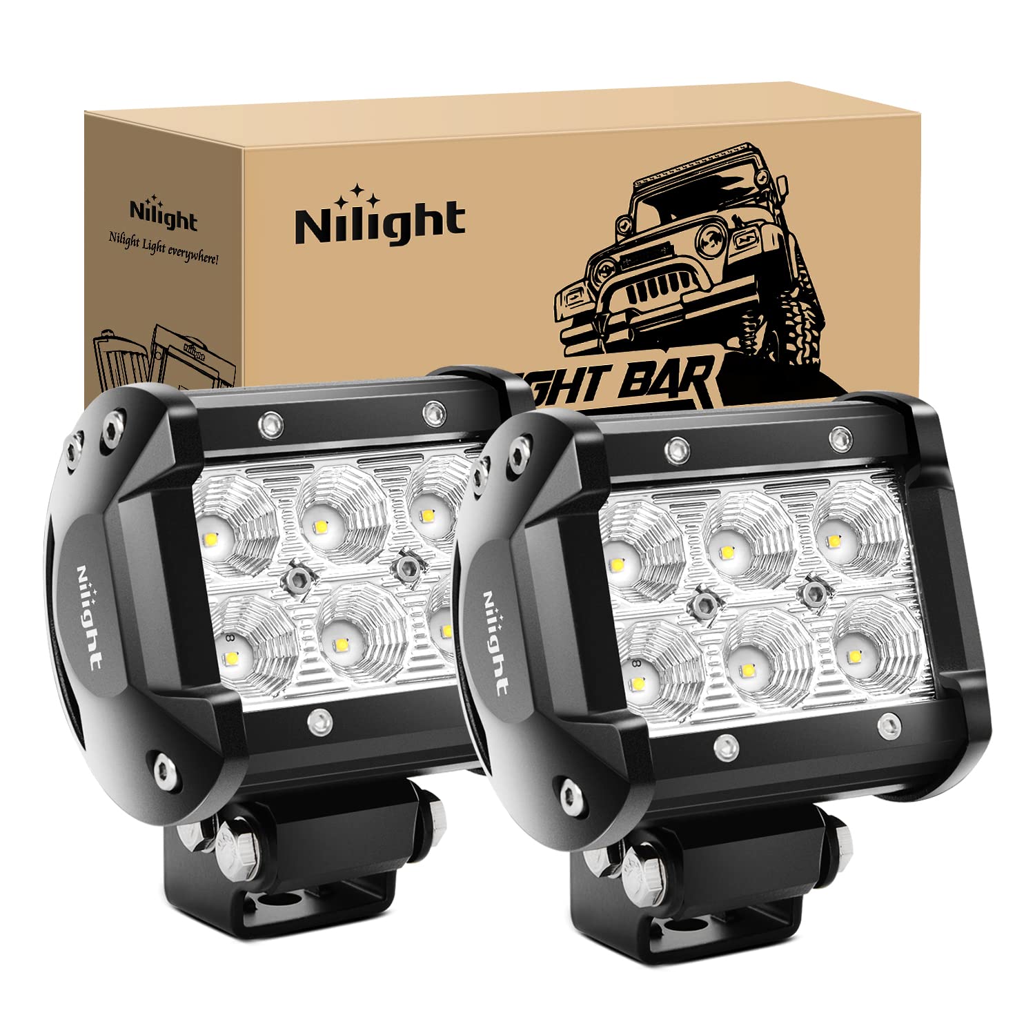 Nilight LED Pods 2Pcs front-angle flood light for enhanced visibility on dark roads.