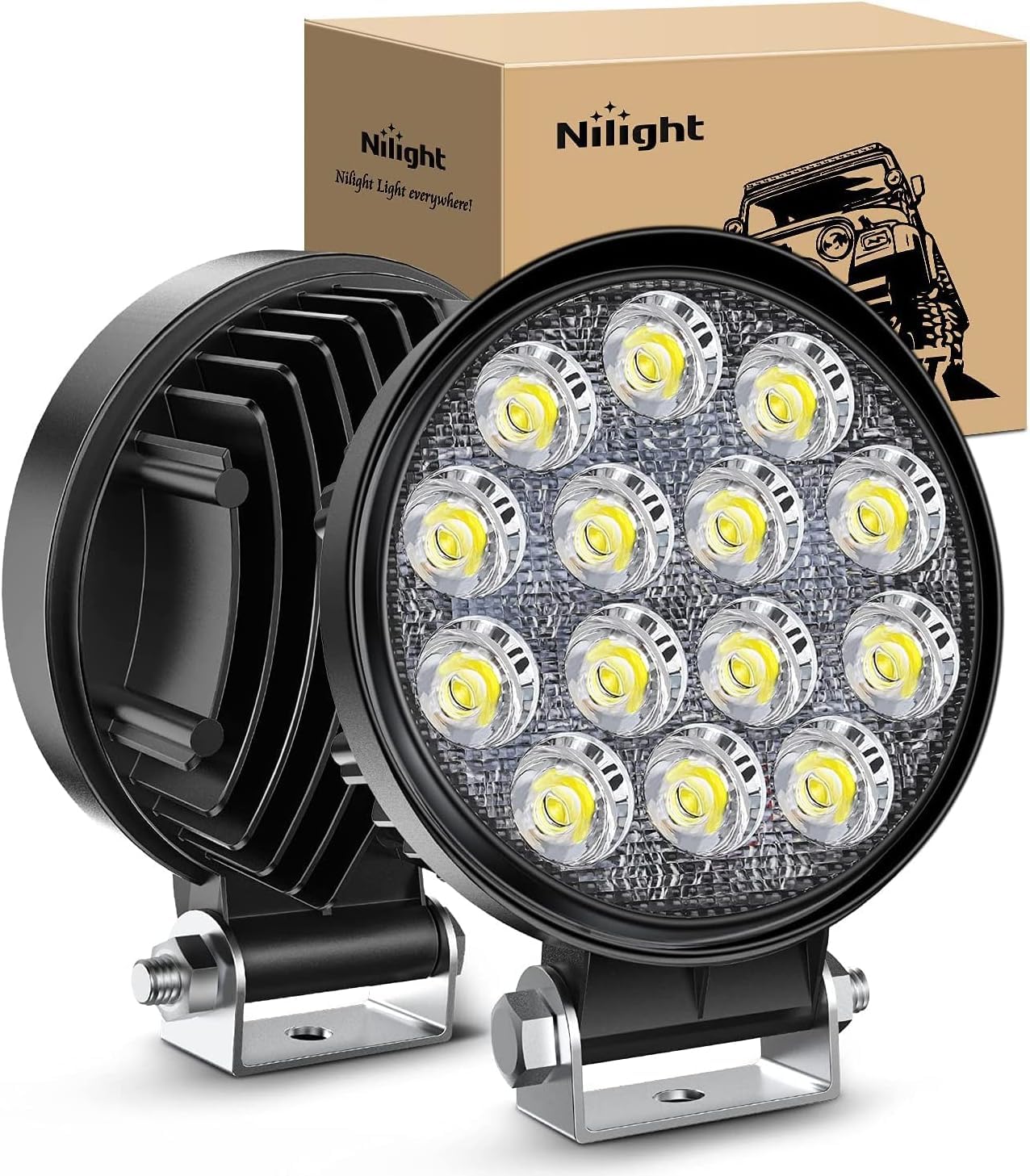 Nilight LED pods front-view illuminate wide flood light for safe night driving.