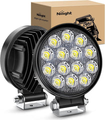 Nilight LED pods front-view illuminate wide flood light for safe night driving.